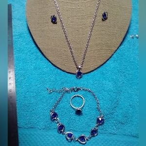Silvertone necklace ring bracelet earrings blue stone heart set